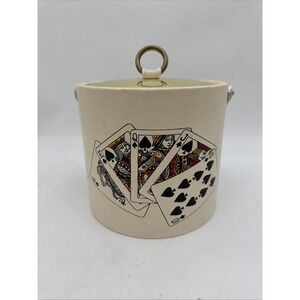 Vintage Kraftware Ice Bucket Cream With Gold Lid And  Cards Made In USA